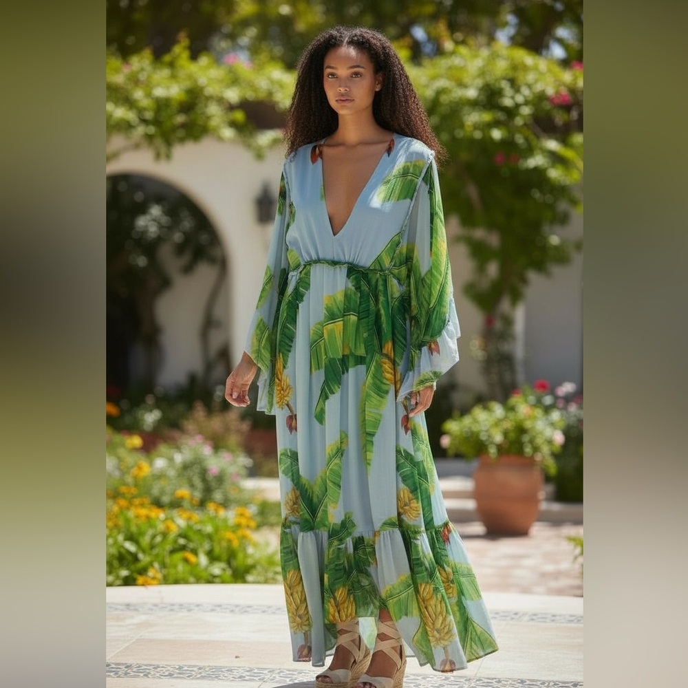 Farm Rio Tropical Green Leaf Print Maxi Dress size Small